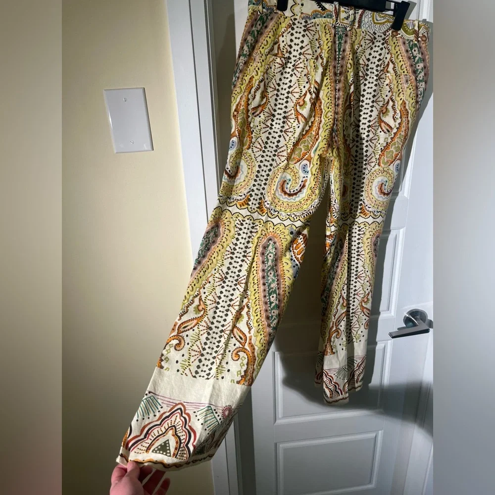 Zara Printed Linen Blend Wide Leg Pants - Boho Paisley Mandala - Sz Large - Picture 7 of 9